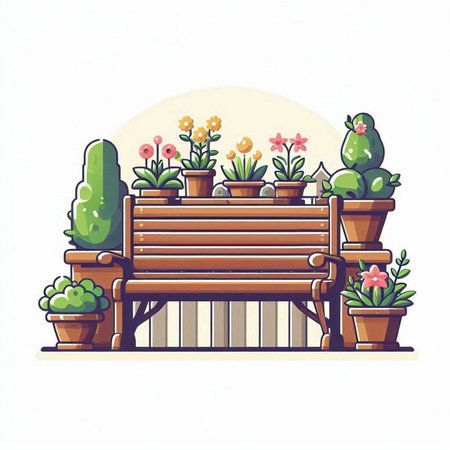 Wooden bench with flowers in pots on white background. Vector illustration.のイラスト素材