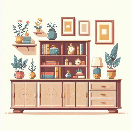 Bookshelf with books and plants. Vector illustration in flat styleのイラスト素材