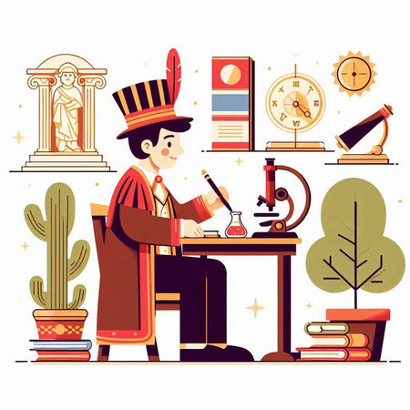 Vector illustration of a man in a medieval costume sitting at the desk with books and a microscope.のイラスト素材