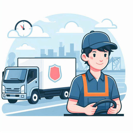 Auto mechanic and truck on the road. Vector illustration of a flat style.のイラスト素材