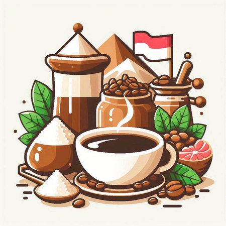 Coffee time. Vector illustration of coffee beans, glass teapot, grinder, mill, cup of coffee and flag of Indonesia.のイラスト素材
