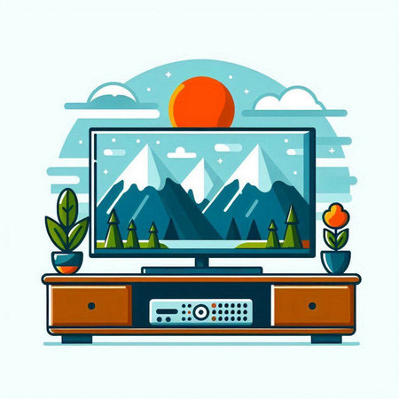 Illustration of a TV with mountains in the background, vector illustrationのイラスト素材