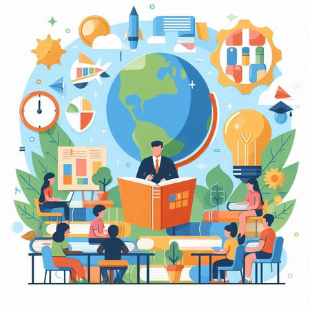 Back to school flat vector illustration. Group of people sitting in classroom and reading books.のイラスト素材