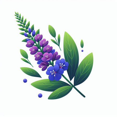 Purple flowers with green leaves isolated on white background. Vector illustration.のイラスト素材