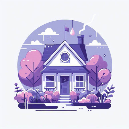 Vector illustration of a house in the village. Flat style design.のイラスト素材