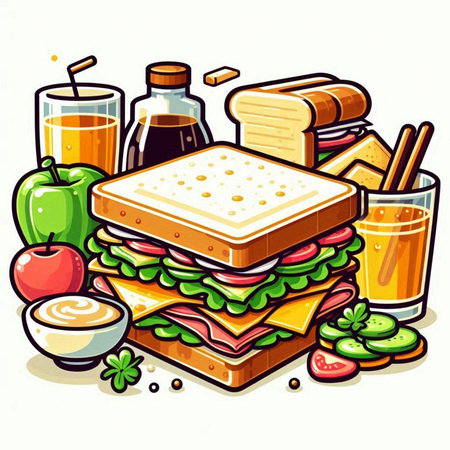 Vector illustration of a sandwich with cheese, ham, tomato, apple and juiceのイラスト素材