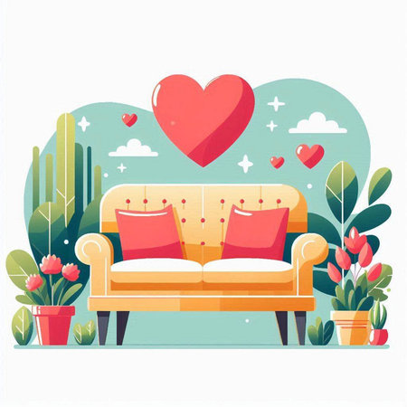Valentine's day greeting card with sofa and heart. Vector illustrationのイラスト素材