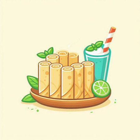 Illustration of a set of ice cream rolls and a glass of juiceのイラスト素材
