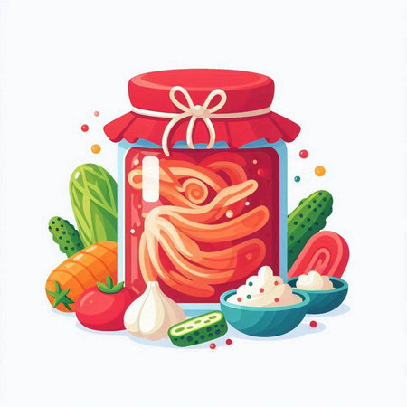 Vector illustration of canned vegetables in glass jar. Cucumber, tomato, onion, garlic, parsley, pepper, tomato, basil.のイラスト素材
