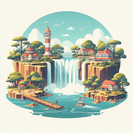 Waterfall on the background of the city. Vector illustration in retro style.のイラスト素材