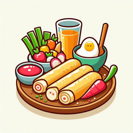 Fried spring rolls with vegetables, eggs and sauce. Vector illustration.のイラスト素材