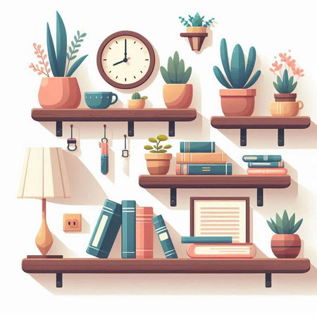 Bookshelf with books, lamp, clock and plants. Vector illustrationのイラスト素材