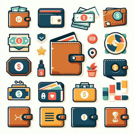 Set of wallet icons. Vector illustration in flat style. Isolated on white backgroundのイラスト素材