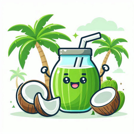 Coconut Smoothie Mascot Character with Coconut Tree Backgroundのイラスト素材