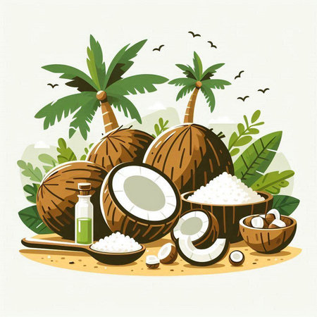 Coconuts, coconut oil and palm leaves. Vector illustration.のイラスト素材