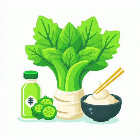 Korean food ingredient vector illustration. Bok choy, kimchi, sesame seeds, soy sauce, soy sauce, kimchi and chopsticks.のイラスト素材