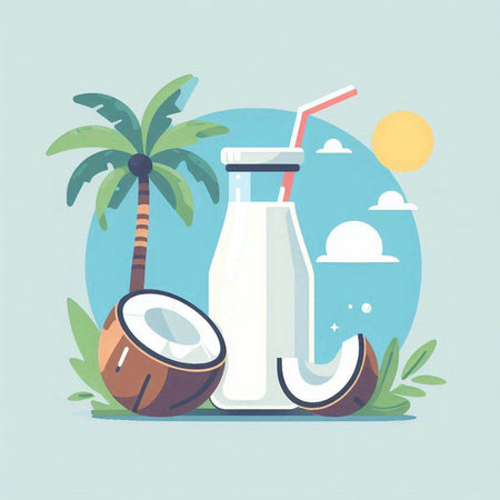 Coconut milk in a bottle with a straw. Vector illustration.のイラスト素材