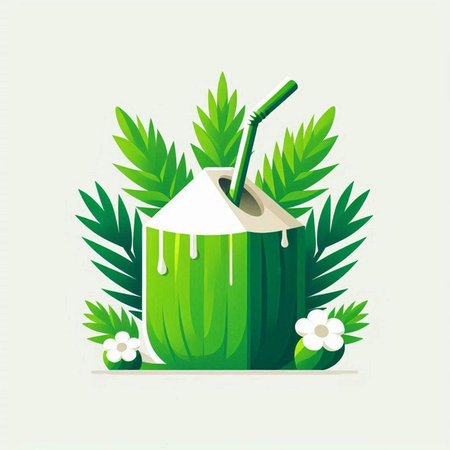 Coconut drink with straw and leaves, flat vector illustration.のイラスト素材
