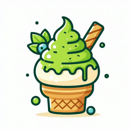 Ice cream cone with green cream and waffle cone. Vector illustration.のイラスト素材