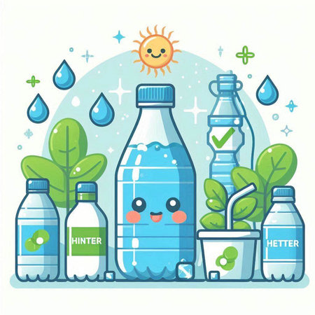 Vector illustration of a cute cartoon water bottle character with a happy face.のイラスト素材