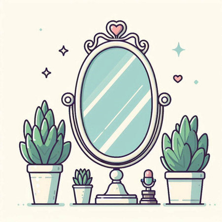 Vector illustration of a vintage mirror in a room with potted plants.のイラスト素材