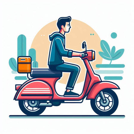 Man riding a scooter. Vector illustration in flat cartoon style.のイラスト素材