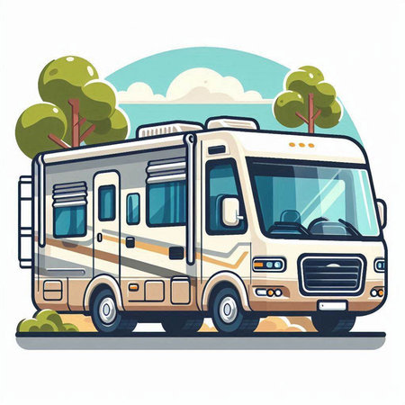 Camper on the road. Vector illustration isolated on white background.のイラスト素材