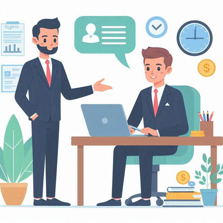 Businessman and businessman in office. Vector illustration in flat style.のイラスト素材