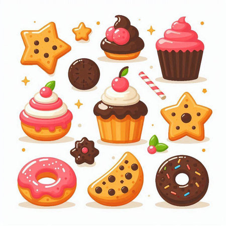 Cupcakes and cookies icons set. Vector illustration in cartoon styleのイラスト素材