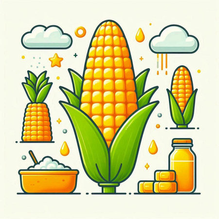 Vector illustration of corn on the cob in flat style with icons.のイラスト素材