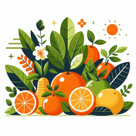 Fruit background with oranges, lemons, grapefruits and leavesのイラスト素材