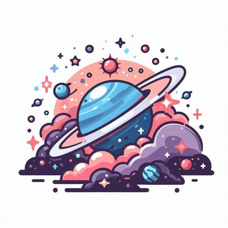 Vector illustration of planet Saturn in outer space. Colorful cartoon style.のイラスト素材