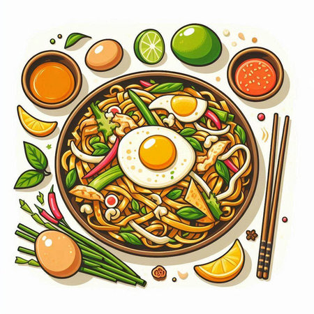 Noodles with egg and vegetables. Hand drawn vector illustration.のイラスト素材
