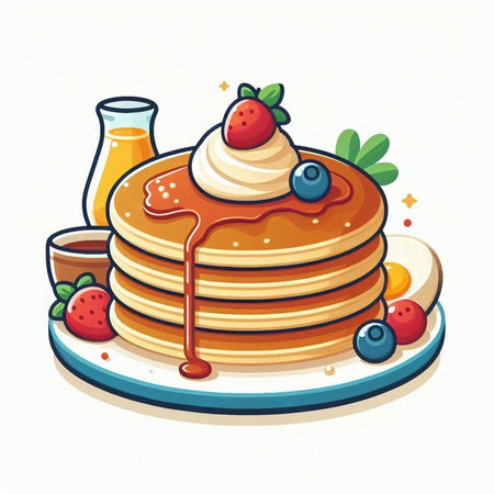 Pancakes with berries and syrup on a plate. Vector illustration.のイラスト素材