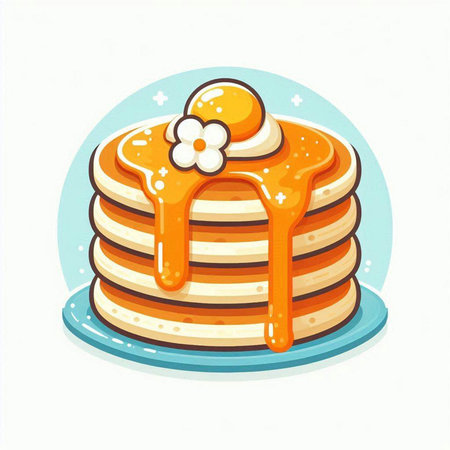 Illustration of a stack of pancakes with honey and a flower on topのイラスト素材