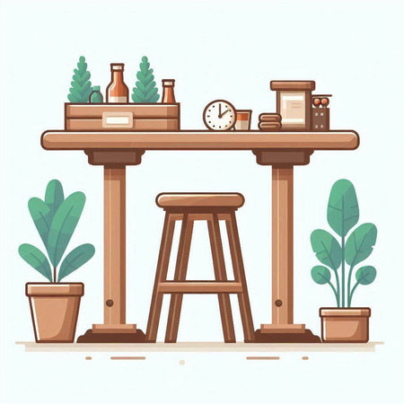 Coffee shop interior with table, chair and plants. Vector illustrationのイラスト素材