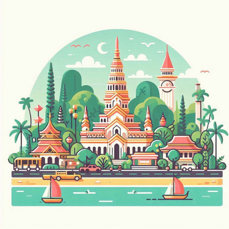 Thailand travel vector illustration. Landmarks of Thailand. Vector illustration.のイラスト素材