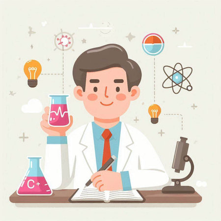 Scientist man working in laboratory. Flat design style vector illustration.のイラスト素材