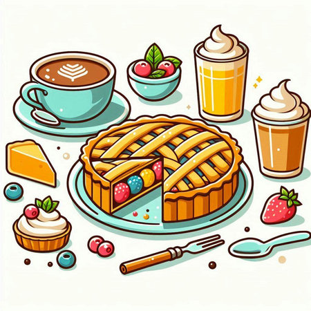 Illustration of a pie, cup of coffee, ice cream and sweetsのイラスト素材