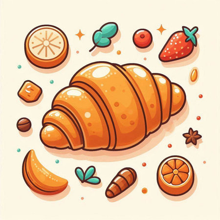 Croissant, orange and berries. Vector illustration in cartoon style.のイラスト素材