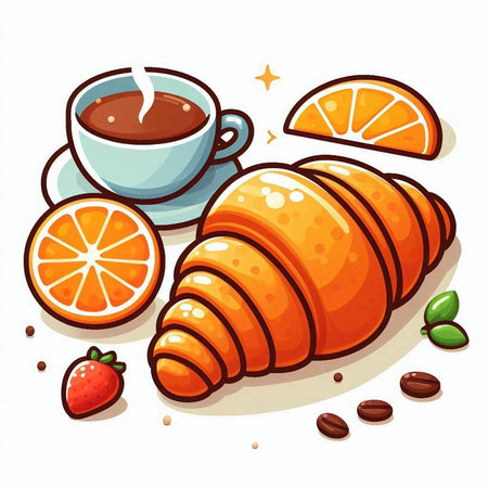 Coffee, croissant and orange. Vector illustration.のイラスト素材