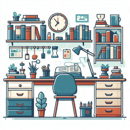 Vector illustration of home office interior. Workplace with bookshelf.のイラスト素材