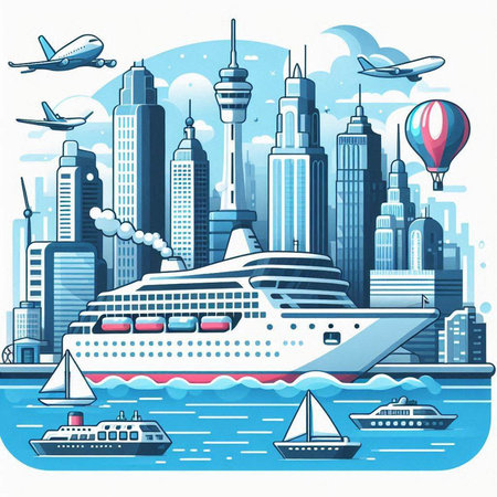 Cruise ship on the background of skyscrapers. Vector illustrationのイラスト素材