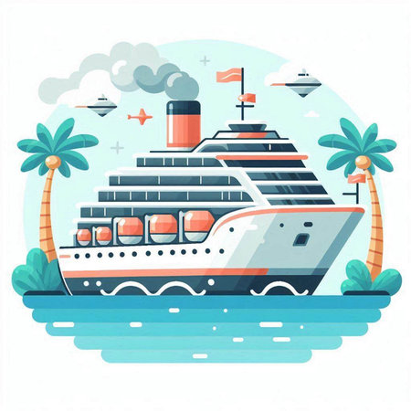Cruise ship on the sea. Vector illustration in flat style.のイラスト素材