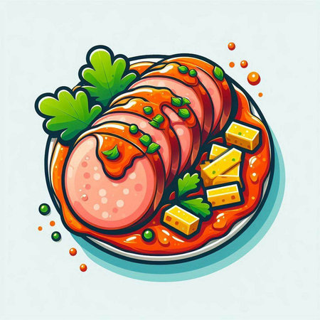 Sliced ham on a plate. Vector illustration in cartoon style.のイラスト素材