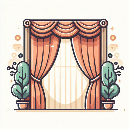 Curtains and plants. Vector illustration in flat cartoon style.のイラスト素材