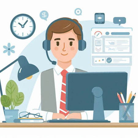 Call center operator with headset and computer. Vector illustration in flat styleのイラスト素材