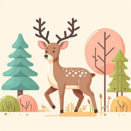 Cute cartoon deer in the forest. Vector illustration in flat styleのイラスト素材