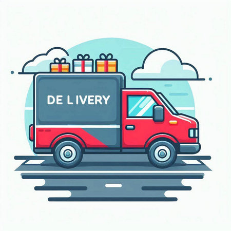 Delivery truck with gift boxes. Vector illustration in flat linear style.のイラスト素材