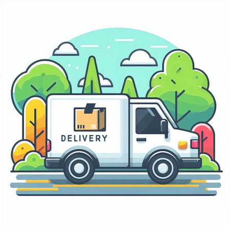 Delivery truck with boxes on the road. Flat design vector illustration.のイラスト素材